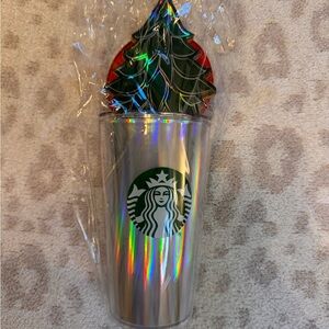 Starbucks Silver Tumbler with Christmas Tree Lid